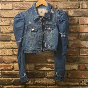 Zara puffed sleeve distressed denim jacket.